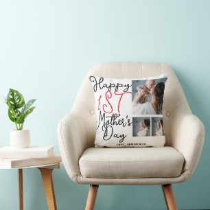 Simple first Mother Days Gift Three Photo Collage Throw Pillow