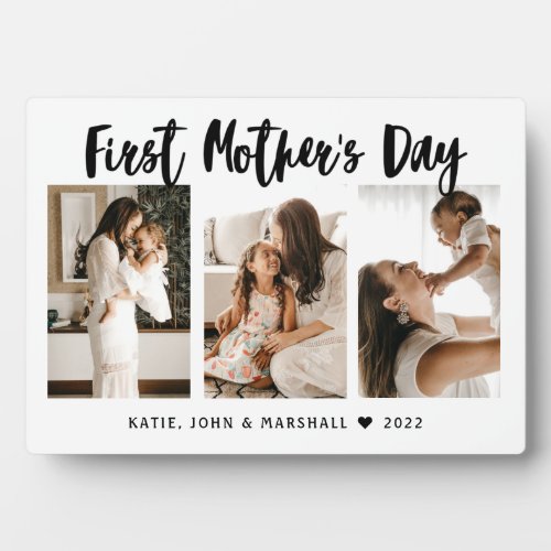 Simple First Mothers Day Calligraphy 3 Photo Gift Plaque