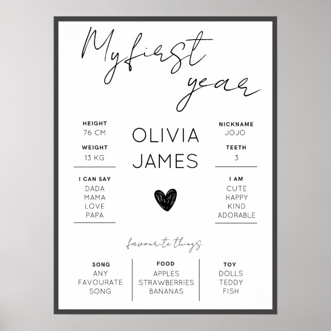 Simple first year first birthday milestone poster (Front)