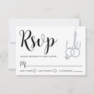 Simple Fishing Hook Wedding Rings RSVP Card Black