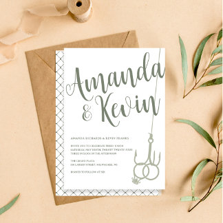 Simple Fishing Hook Wedding Rings Sage Moss Green Invitation