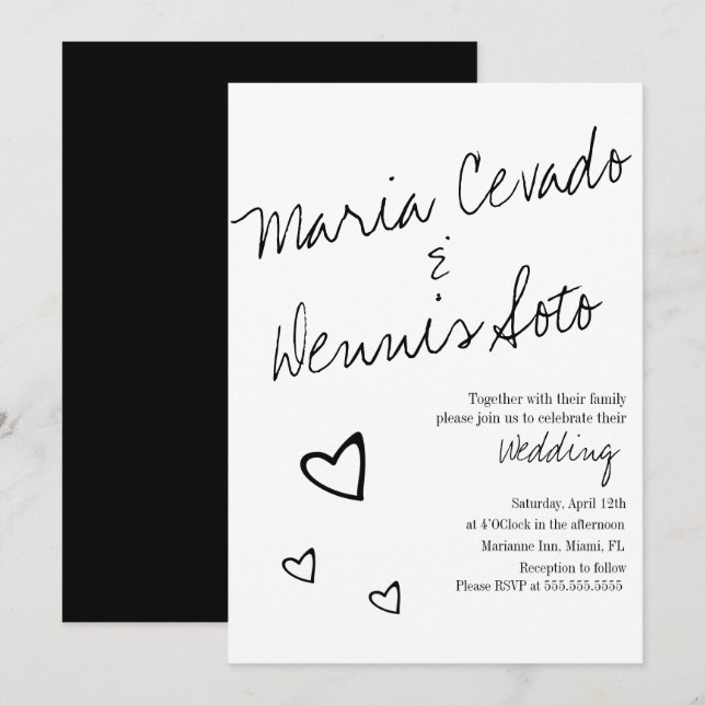 Simple Floating Hearts Lettering Script Wedding Invitation (Front/Back)