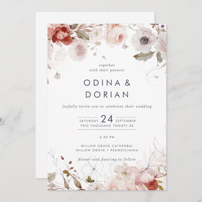 Simple Floral All In One Wedding Invitation (Front/Back)