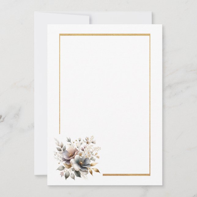 Simple Floral and Gold Frame Blank Wedding  Invitation (Front)
