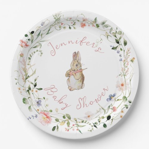 Simple Floral Baby Bunny Baby Shower   Paper Plates