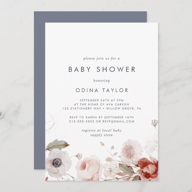 Simple Floral Baby Shower Invitation (Front/Back)
