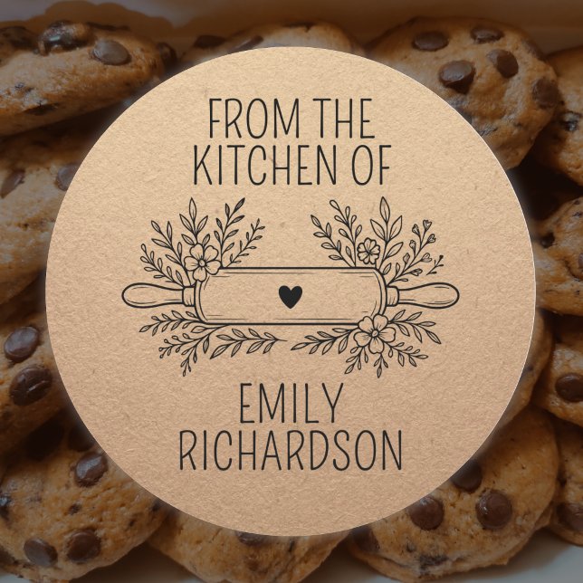 Simple Floral Baking Kitchen Brown Craft Paper Classic Round Sticker (Creator Uploaded)