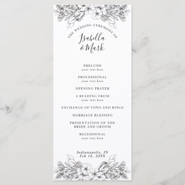 Simple Floral Black and White Wedding Program (Front)