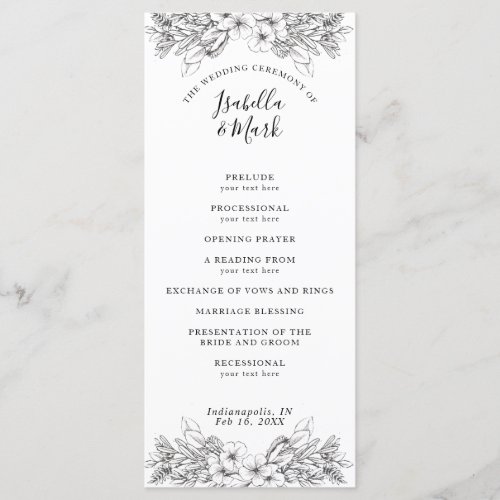 Simple Floral Black and White Wedding Program