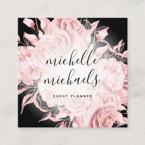 Simple Floral Black  Rose Gold Modern Script  Square Business Card