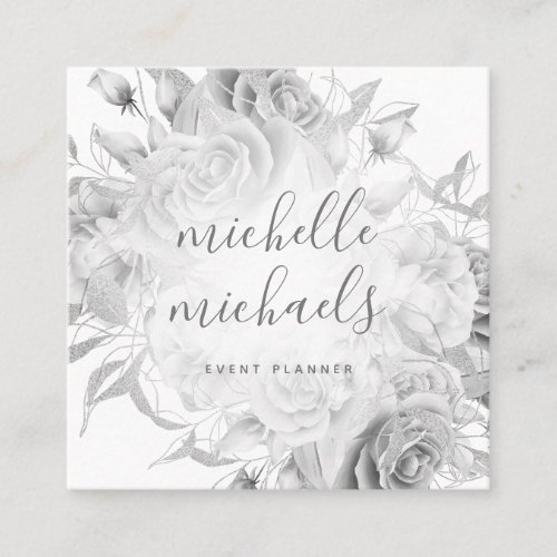 Simple Floral Black  White Modern Script  Busines Square Business Card