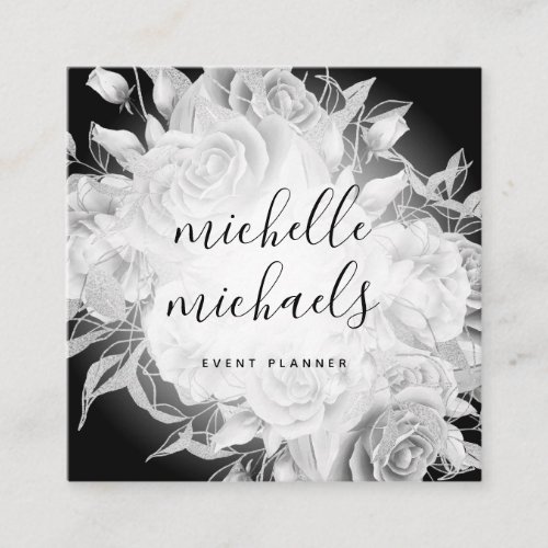 Simple Floral Black  White Modern Script   Square Business Card