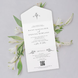 Simple Floral Black & White with QR RSVP Wedding All In One Invitation