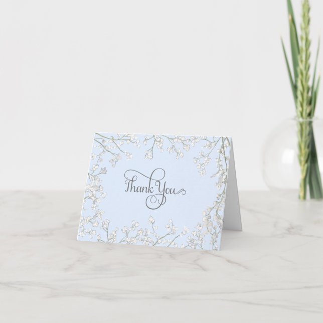 Simple Floral Blue n White Babys Breath Thank You Invitation (Front)