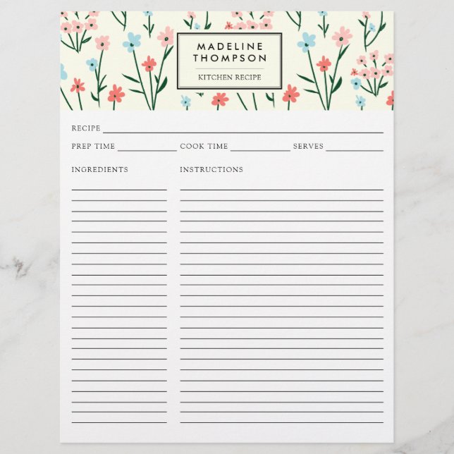 Simple Floral Botanical Pink Blue Flower Recipe (Front)