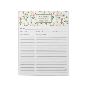Simple Floral Botanical Pink Blue Flower Recipe Notepad
