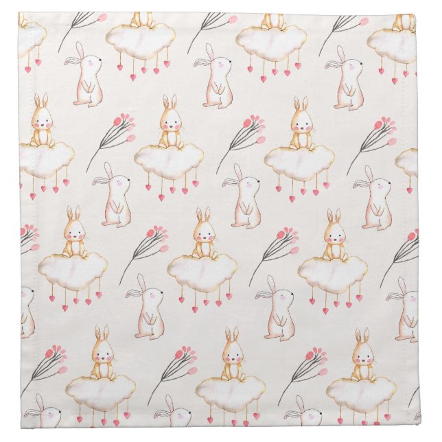 Simple Floral Bunny Pattern Easter | Cloth Napkin (Front)