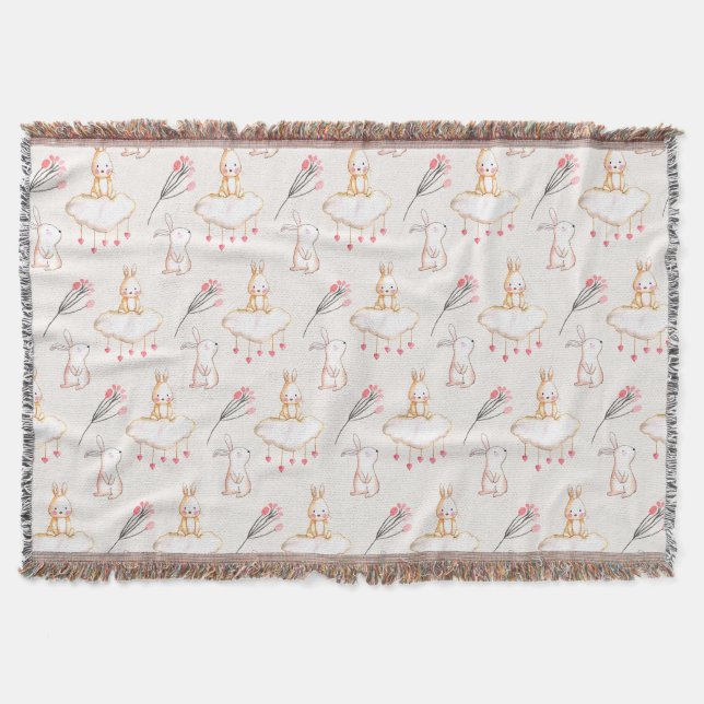 Simple Floral Bunny Pattern Easter | Throw Blanket (Front)