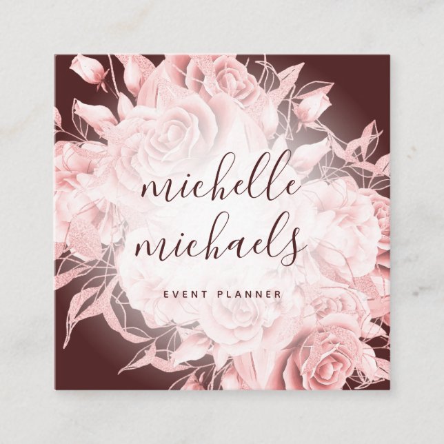 Simple Floral Burgundy & Rose Gold Modern Script Square Business Card (Front)