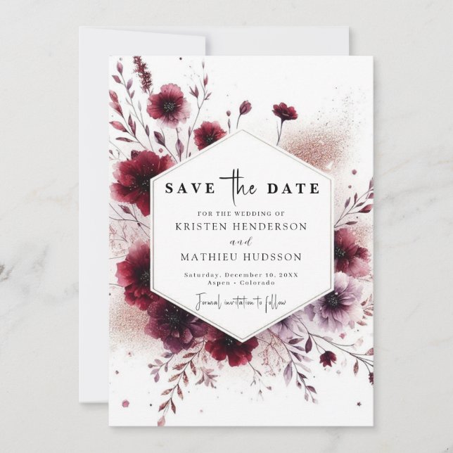 Simple Floral Burgundy Wedding Save The Date (Front)
