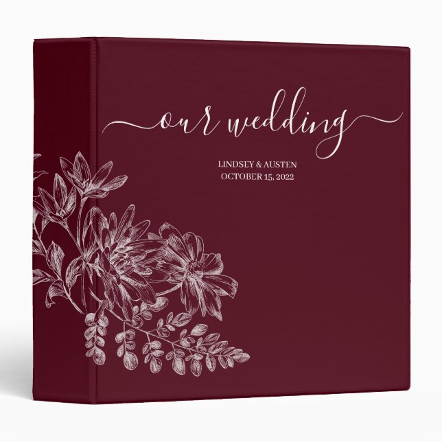 Simple Floral Burgundy White Script Wedding 3 Ring Binder (Front/Spine)