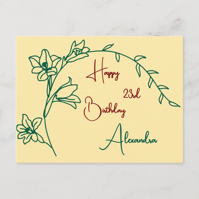 Simple Floral Butter Yellow Named & Aged Birthday Postcard (Front)