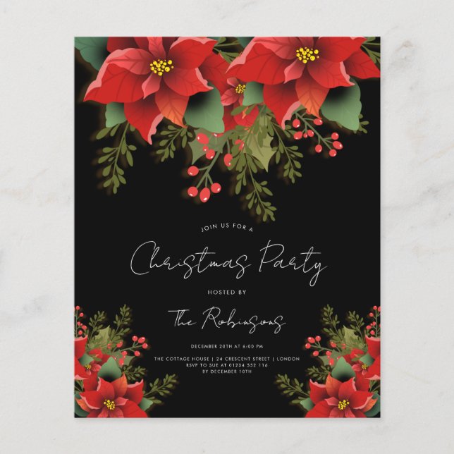 Simple Floral Christmas Holiday Black Invite Menu Flyer (Front)