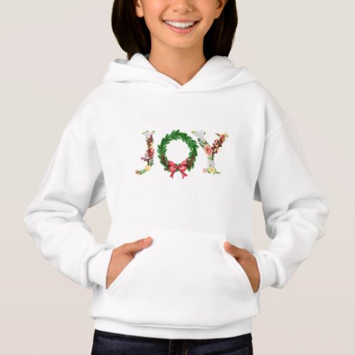 Simple floral Christmas wreath joy fancy script Hoodie