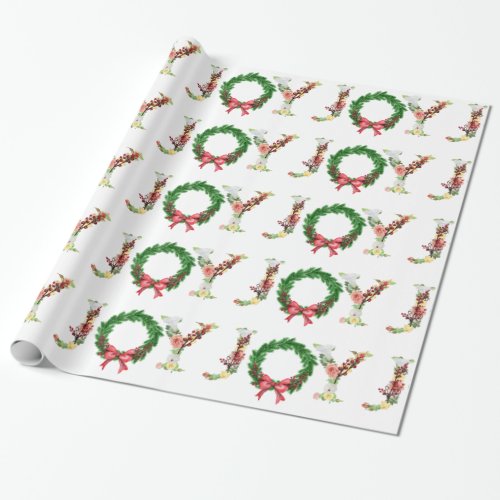 Simple floral Christmas wreath joy fancy script Wrapping Paper