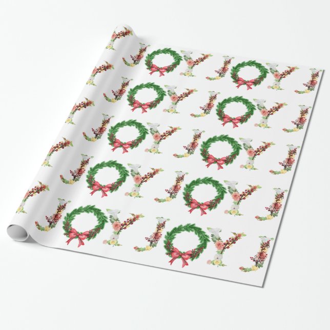 Simple floral Christmas wreath joy fancy script Wrapping Paper (Unrolled)