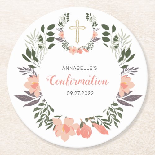 Simple Floral Confirmation Party  Round Paper Coaster