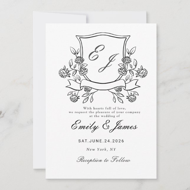 simple Floral Crest Victorian wedding invitation (Front)