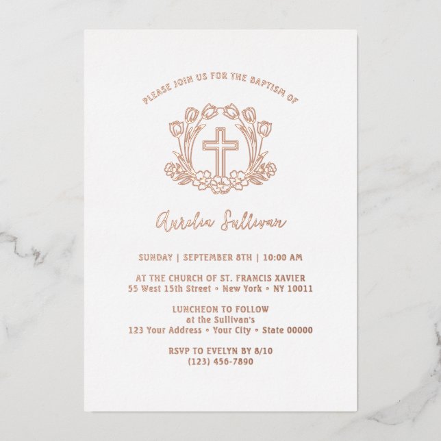 Simple Floral Cross Baptism Foil Foil Invitation (Front)