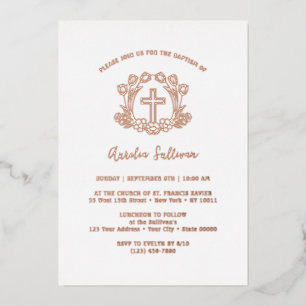 Simple Floral Cross Baptism Foil Invitation
