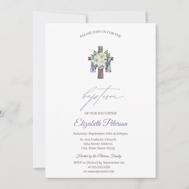 Simple Floral Cross Baptism Invitation (Front)