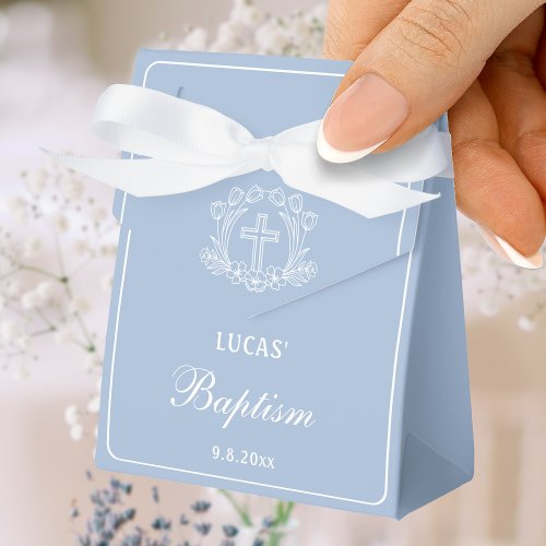 Simple Floral Cross Light Blue Baptism Small Tent Favor Boxes