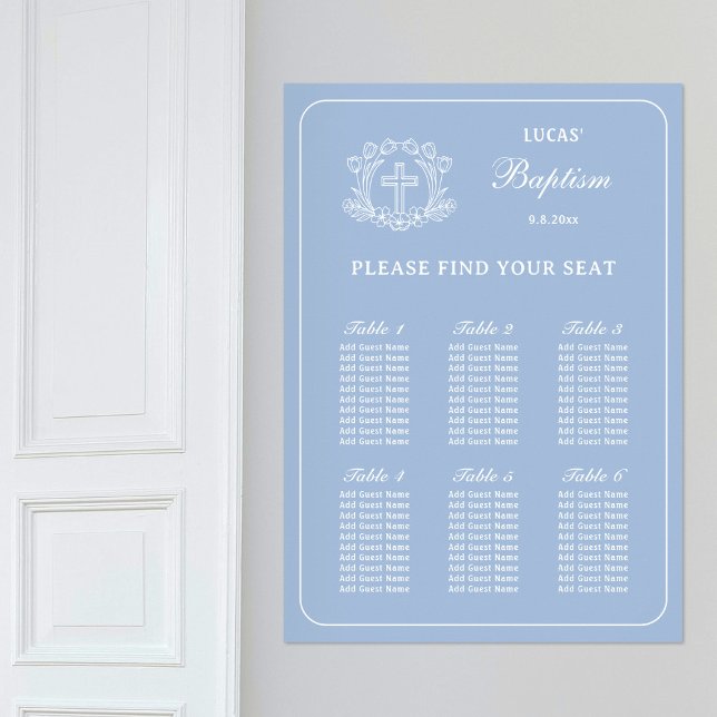 Simple Floral Cross on Blue Baptism Seating Chart (Creator Uploaded)