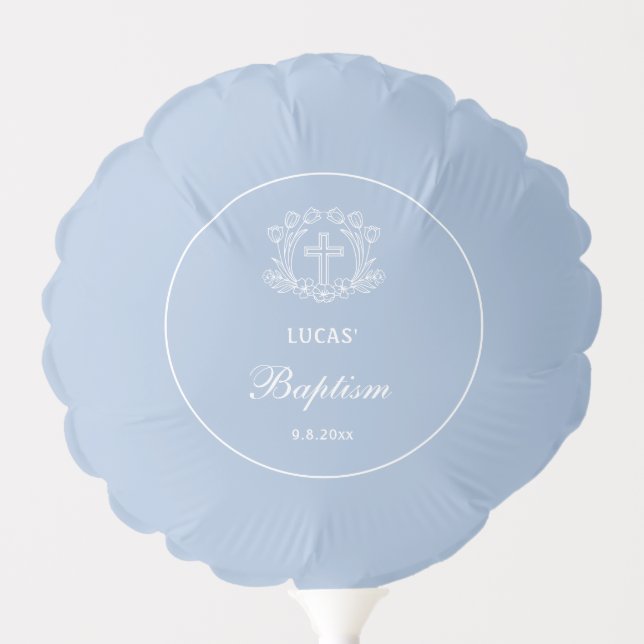 Simple Floral Cross on Light Blue Baptism Balloon (Front)