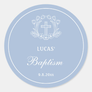 Simple Floral Cross on Light Blue Baptism Classic Round Sticker
