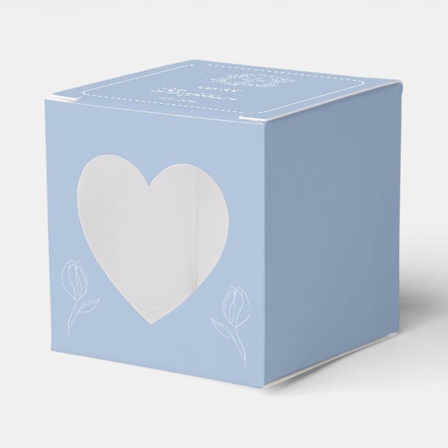 Simple Floral Cross on Light Blue Baptism Heart Favor Boxes (Front Side)