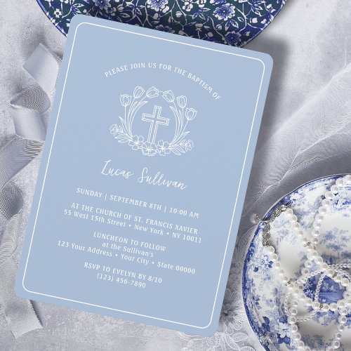 Simple Floral Cross on Light Blue Baptism Invitation