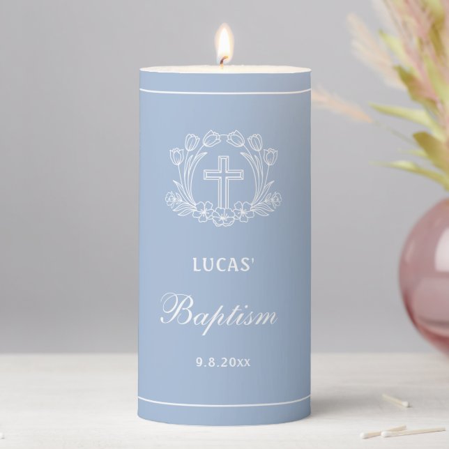 Simple Floral Cross on Light Blue Baptism Pillar Candle (In Situ)