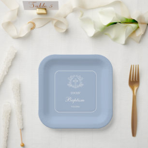 Simple Floral Cross on Light Blue Baptism Square Paper Plates