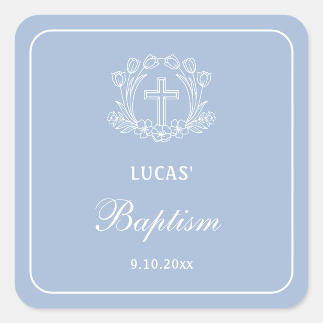Simple Floral Cross on Light Blue Baptism Square Sticker (Front)
