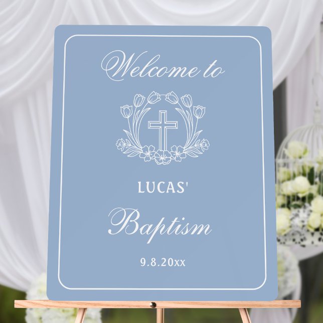 Simple Floral Cross on Light Blue Baptism Welcome Foam Board (Creator Uploaded)