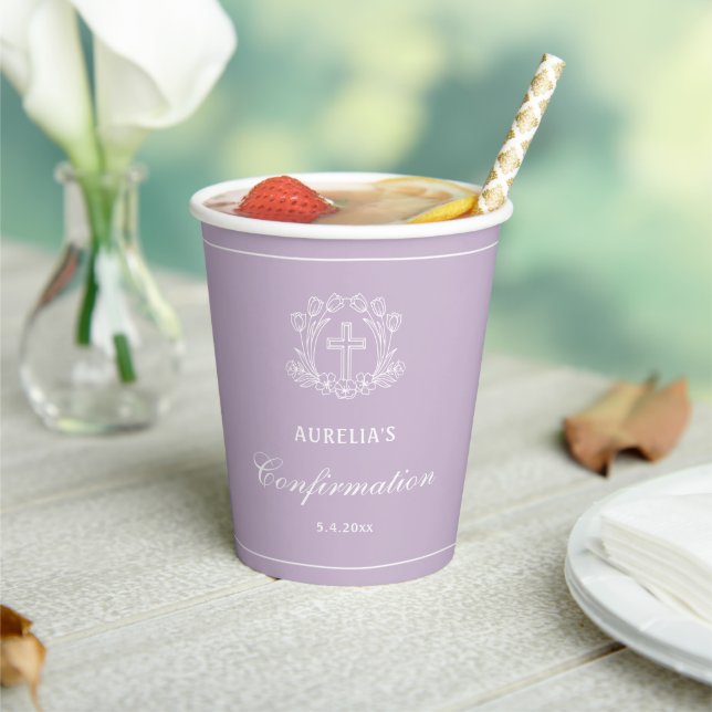 Simple Floral Cross on Lilac Confirmation Paper Cups (Insitu)