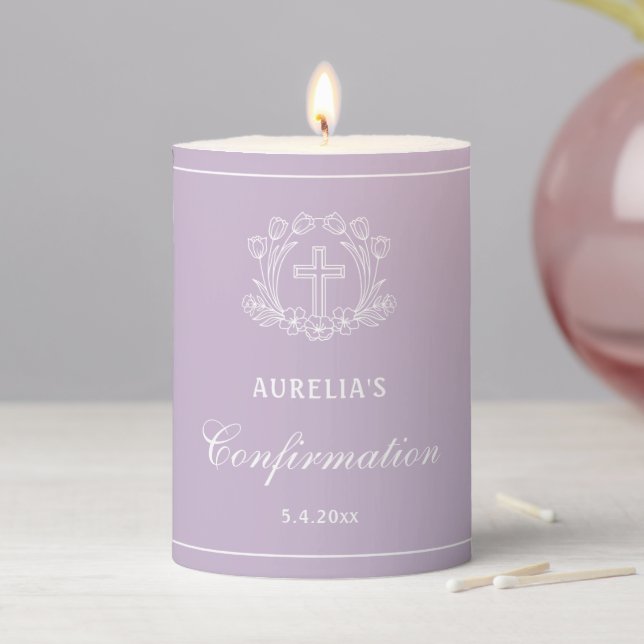 Simple Floral Cross on Lilac Confirmation Small Pillar Candle (In Situ)