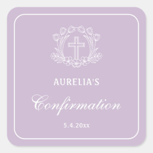 Simple Floral Cross on Lilac Confirmation Square Sticker