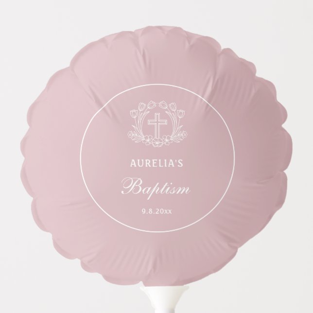 Simple Floral Cross on Pink Baptism Balloon (Front)