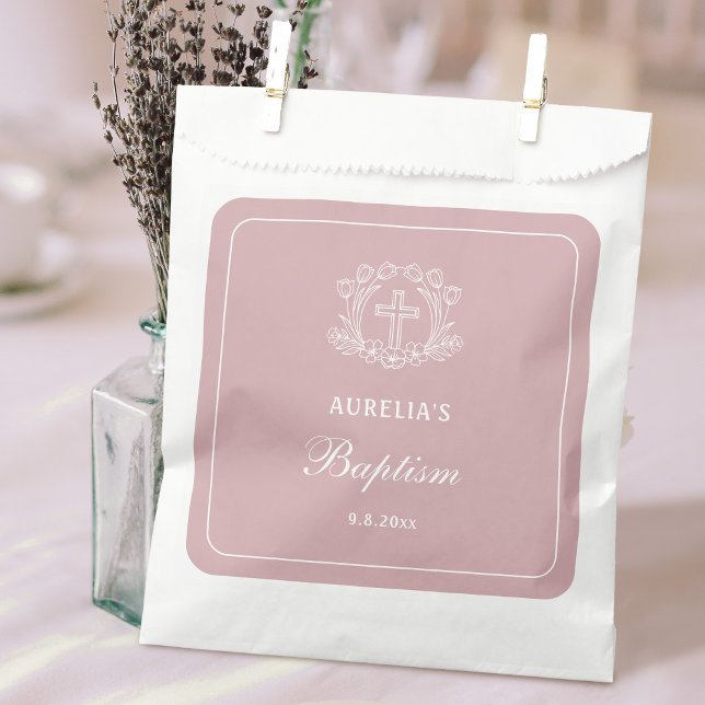 Simple Floral Cross on Pink Baptism Favor Bag (Creator Uploaded)